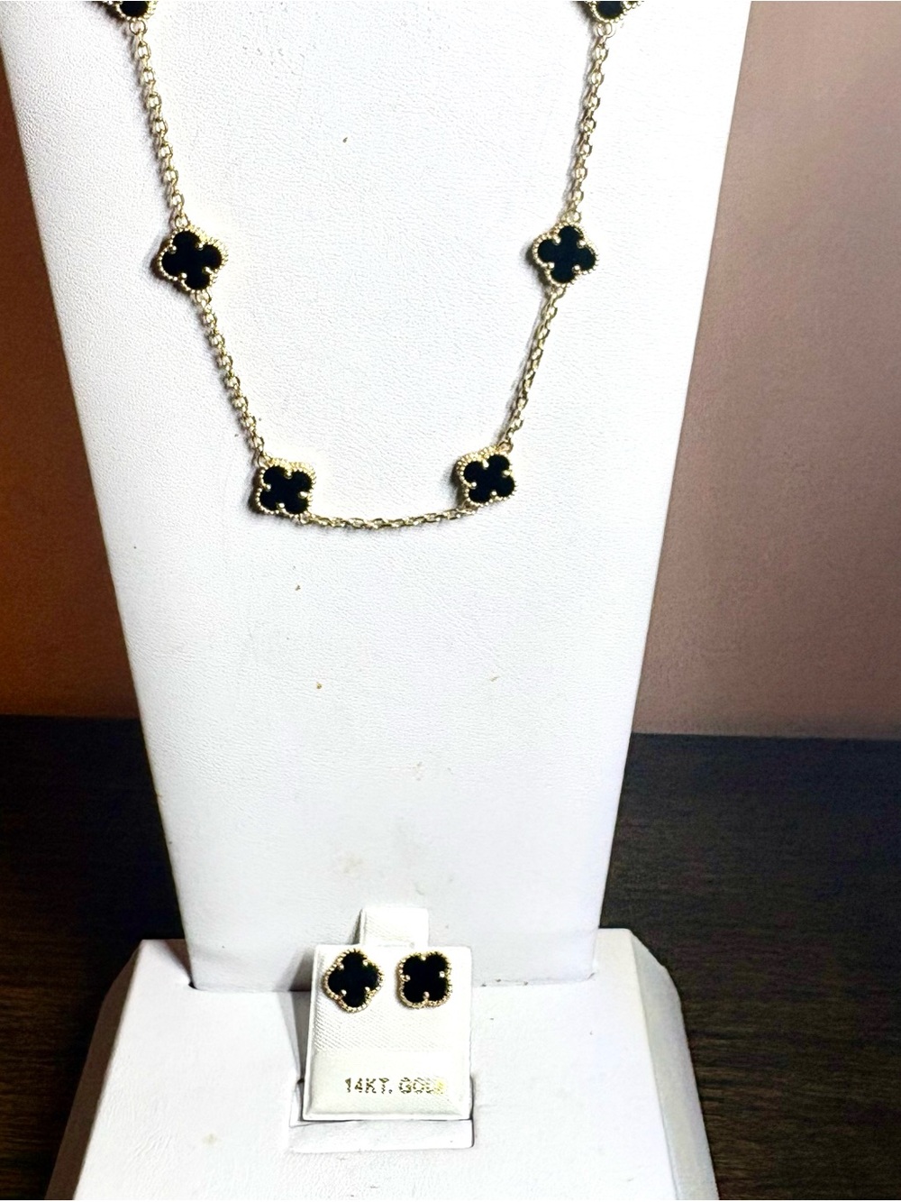 14K Gold Black Clover Necklace & Matching Stud Earrings Set 7.4g
